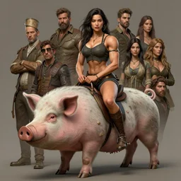 portrait of a ruggedly handsome heroine girl body builder riding on a large pig beast mount, intricate, elegant, highly detailed, artstation, artgerm, ralph horsley, rossdraw, mark ryden, sophie anderson, lilia alvarado, tom chambers, donato giancola, daniel f. gerhartz, joseph christian leyendecker, wlop n 4