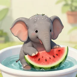 little elephant bathes in watermelon
