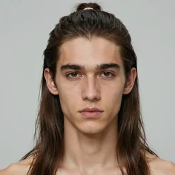 a skinny young Tarzan with a man bun, close-up portrait of young white male, with long straight slicked back brown black hair shoulder length