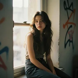 A street art of a beautiful young woman seated at a window, looking out at the viewer with a serene expression on her face. The light from the window illuminates her features & creates a warm, inviting atmosphere. The essence of beauty and tranquility. flash photography, graffiti by Kilian Eng neat, melancholic