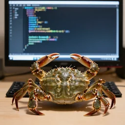 A crab sitting in front of a computer, code on the screen