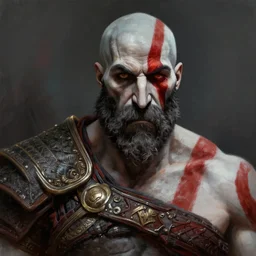 kratos from god of war with an afro! and a giant mustache!, digital painting masterpiece, gorgeous brush strokes, advanced lighting technology, realistic face and anatomy, by shigenori soejima