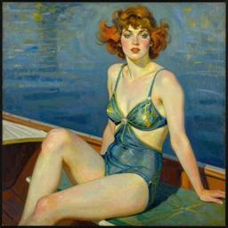 a painting of a woman in a bathing suit sitting on a boat, an art deco painting by tom whalen, trending on behance, art deco, digital illustration, storybook illustration, art deco