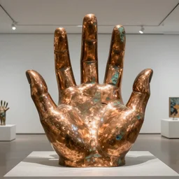 copper and patina metal hand shaped generative design structure in a museum, modern art installation, bioceramic reflelctive material