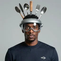 jordan peele on the starship enterprise wearing futuristic visor and kitchen tools on his head, single image