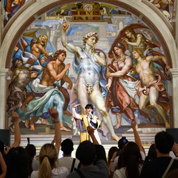 A communist Kpop group performs for adoring fans, fresco, by Michelangelo