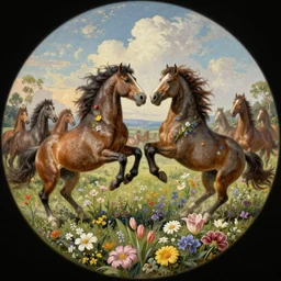 An epic fantastic realism comic book style painting of the most beautiful flowers covering a herd of battling wild horses, fisheye lens, painted by the Hudson River school, unreal 5, DAZ, hyperrealistic, octane render, dynamic lighting
