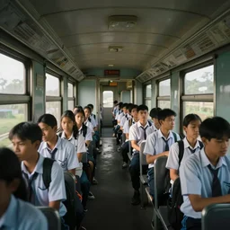 Filipino college students ride a train, film still, ethereal, rule of thirds by Iwai Shunji