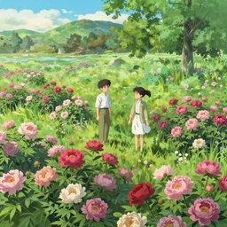 Rendering of a scene meadow full of peony，by Makoto Shinkai and Thomas Kinkade, fantasy matte painting, trending on cgsociety and unreal engine，light effect，highly detailed，super wide angle,