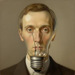 portrait of a lightbulb head man, by rene magritte, detailed painting, hd, hq, high resolution, high detail, 4 k, 8 k