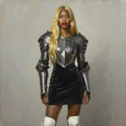 warrior portrait, mulatto, crossbred, beautiful face, beautiful features, red lips, long golden hair, black closed velvet dress, leather armor, iron armor, white boots, alexander mcqueen clothing, very beautiful style, realism, oil, painting, edgard mcsons, zorn