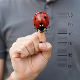 fist picture of a human scale lady bug next to a person for scale, full frame picture, documentary