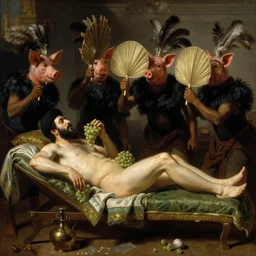 a victorian painting of al-Zawahiri lying shirtless on a chaise longue eating grapes while pig-masked slaves cool him with fans made out of ostrich feathers