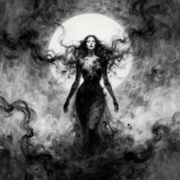 digital painting of a magical woman covered in black smoke from heaven, notan sun, abstract, surreal, painted by michael whelan, artgerm, greg rutkowski and luis royo