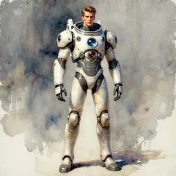 male, full body, modern space suit, very stylized character design, large shoulders, short torso, long thin legs, tiny feet, science fiction, hyperdetailed, technical suit, dieselpunk, watercolor digital painting, in the style of mike mignola, by alex maleev, jean giraud, painted by leyendecker