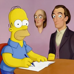 surrealist portrait of homer simpson drawing himself by norman rockwell and salvador dali and rene magritte, 4 k