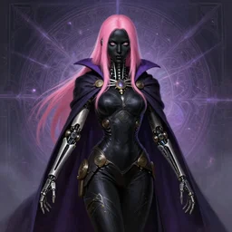 female steampunk necromancer, skintight black clothes, dark purple cape, cute, black skin, pink straight hair, robotic skeletons, high fantasy, futuristic fractal background, dnd, highly detailed, two arms, detailed face, smooth, sharp focus, digital painting, by artgerm and greg rutkowski and alphonse mucha