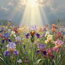 matte painting, landscape full of multicolored gem flowers, irisdecent beetle color, vray render, god rays, by peter mohrbacher