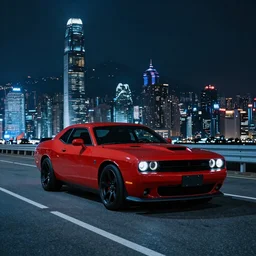 dodge challenger with blood vinyil in the middle of a road on the night Hong Kong china town, blue color grading, cinematic color grading , unreal 5, hyperrealistic, realistic, photorealistic, dynamic lighting, highly detailed, cinematic landscape, studio landscape, studio lighting