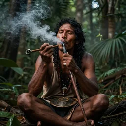 a_beautiful_portrait_of_an_indigenous_man_sitting_in_the_jungle_surrounded_by_smoke_smoking_a_pipe_praying_with_tobacco_mysterious_atmosphere