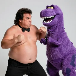 chubby drunk patrick swayze is angry he's wearing a bow tie shirtless punching barney the purple dinosaur in the face