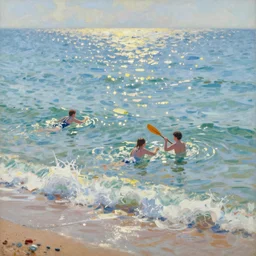 modern people swimming and paddling in the sea at brighton uk the sunlight catches the waves, sparkling and glistens, glittering, near the beach on a hot sunny day painted monet and van gogh painterly style