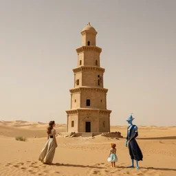 an old decaying tower in the middle of a vast desert, fantasy, hyper realistic, atmospheric lighting, Mary Anne, Ginger, Genie 8k,