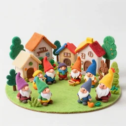 diorama made of felt, clay, other miscellaneous households items and crafts!!! of happy gnome villagers in a village, vibrant, colorful, cute, primary color palette
