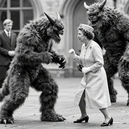 monochrome photograph of queen elizabeth fighting a monster