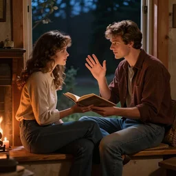 beguiling handsome man sitting on a window sill asking his beautiful young elegant girlfriend to join him so he can read her palm, enchanting, warm cabin, fireplace, night, set in the 8 0 s, artists impression, romantic