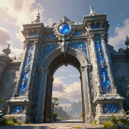 an imposing and highly ornamented fantasy gate to castle, carved from sapphire stone, cinematic view, epic sky, detailed, concept art, low angle, high detail, warm lighting, volumetric, godrays, vivid, beautiful, trending on artstation, by jordan grimmer, huge scene, grass, art greg rutkowski