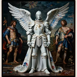 kodachrome still symmetry frame from Alien Covenant movie by Takashi Murakami, Count Orlok wearing Polish Winged Hussars armor made with porcelain dressed by Salvatore Ferragamo and by Chanel, haute couture painted by Peter Paul Rubens and by John Baeder by Jean-Michel Basquiat, editorial fashion photography, from vogue magazine