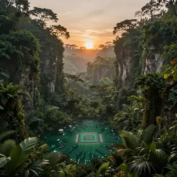 lush prehistoric jungle chasm dissolving into a printed circuit board, stunning, washed out colors, serenity, professional, master level composition, volumetric lighting, haze, sunset, photorealistic