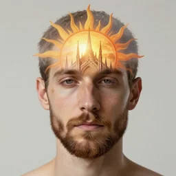 hyperrealistic portrait photo of a no mustache male mystic'face merging with a cathedral building, descend of the sun, etheric, emotionally evoking symbolic metaphors, head in focus, ornamental, intricate, elegant, golden ratio, sharp focus, art by ernst haeckel, john william godward, gustav klimt,