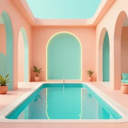 arch viz 1980s still life scene of a liminal swimming pool :: 1985 art deco revival style, peach and teal pastel complimentary colors + split-complimenatry neon lighting :: 8k, v-ray, ray tracing