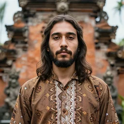 a portrait photo of jesus christ wearing batik bali when holiday in bali, perfect faces, sigma 3 5 mm