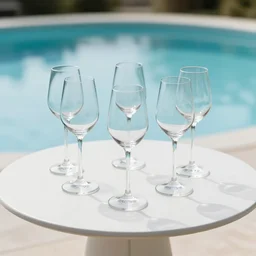 5 5 mm photo of wineglass on a zen minimalist round white table with gorgeous pool in the background. highly detailed 8 k. intricate. lifelike. soft light,