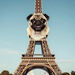 a pug on top of the Eiffel Tower, artistic