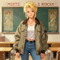 muscled blonde female punk wearing an oversized jacket and jeans, smirking, classroom background, intricate illustration by krenz cushart, alphonse mucha, artgerm, trending on artstation