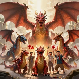a wide photo of a group of dragons celebrating