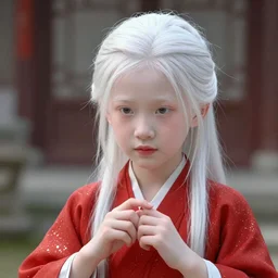 1900s beautiful albino Asian girl kid , unreal engine octane, red and white, portrait, gliter, depth of field, 8k, hyper detailed, tending on artstation
