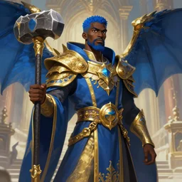 Picture of a male Cleric, black skin, blue short hair, short beard, dragon-inspired cloth robes, gold and blue, ornamental, hammer, wings, background depicting a temple, fantasy, dnd, d&d, sharp focus, illustration, digital painting, by akihiko yoshida, james jean andrei riabovitchev marc _ simonetti, yoshitaka amano, artstation
