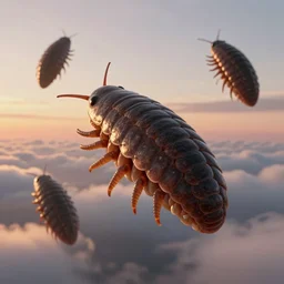 4 k film still of a tardigrade floating among the clouds during sunset, very detailed, photorealistic, realism, unreal engine, a tardigrade by greg rutkowski and gustav dorey