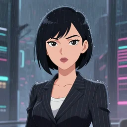 epic cartoon women portrait made out of rain, pinstripe suit, short hair, cyberpunk background, rendered in octane, unreal engine, highly detailed, trending on artstation, realistic, splashes of neon, beautiful