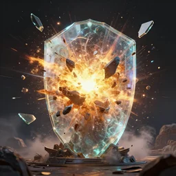 glass shield explosion with many flying pieces, fantasy, style artstation, style greg rutkowsk, octane render, unreal engine 6, epic game graphics, fantasy, conceptual art, ray tracing