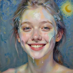 portrait of a beautiful girl, liquid paint dripping over face, airbrush strokes, intimate, pastel shades colors, beautiful face covered in paint, rule of thirds, spotlight, expressive, passionate smile, by tom bagshaw, by jeremy mann, by francoise nielly, by vincent van gogh, oil painting, 8 k