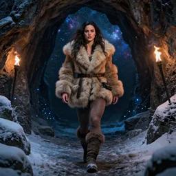 epic portrait of muscled Mila Kunis walking out of a dark cave, puffy warm wooly clothing,stormy snowy winter, blue fireflies, nebula background, torches, artstation, concept art, sharp focus, art by artgerm and donato giancola and Joseph Christian Leyendecker, WLOP
