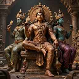 costume design made by infinite hindu fractal gods, sophisticated composition, old masters light composition, procedurally generated, character posing for concept art, ancient ruins behind, substance designer, PBR, HD, Ultra detailed, hyperrealistic, megascans, volumetric light, concept by master artist, made in paint tool SAI2, trending pixiv face