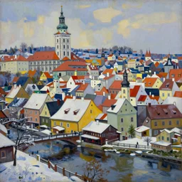 cesky krumlov in winter by jeffrey smith, cubism!!!, 3 d depth!!!!!!!!!, oil on canvas, trending art station, masterpiece