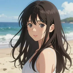 a beautiful girl with long dark hair, on a beach, sunny, daytime, sharp focus, intricate, digital painting, artstation, official media, anime key visual, highly detailed, rich vivid colors, ambient lighting, illustration, art by Artgerm, Makoto Shinkai, Ilya Kuvshinov, Lois Van Baarle, and Rossdraws